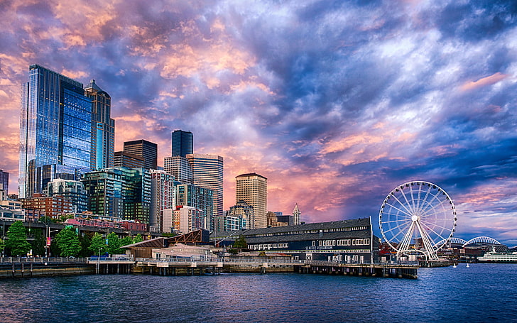 Seattle Great Wheel City In Washington Usa Sunset Desktop Wallpaper Hd For Your Computer Mobile Phones Tablet And Laptop 3840×2400, HD wallpaper
