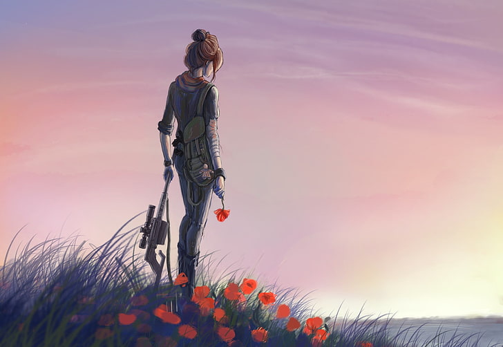 Женщина в рубашке с длинными рукавами держит винтовочные обои, трава, вода, девушка, цветы, река, оружие, поляна, маки, арт, автомат, красный, HD обои