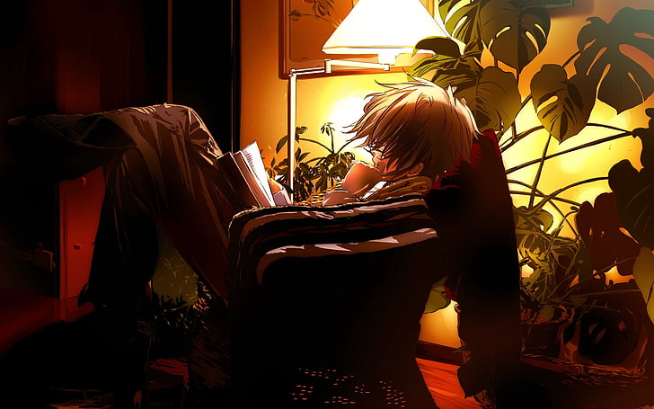 personaggio maschile anime seduto sul divano durante la lettura del libro di sfondo, ragazzo, libro, anime, sera, sedia, Sfondo HD