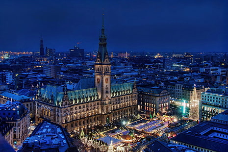 Градове, Хамбург, Коледа, Град, Германия, Светлина, HD тапет HD wallpaper