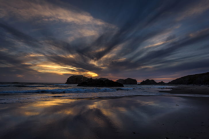time lapse photography of sea bay during sunset, oregon, oregon, Sunset, Bandon, Oregon, time lapse photography, bay, Pacific Ocean, Ocean  beach, waves, sea stacks, sea, beach, nature, coastline, landscape, dusk, scenics, water, sky, wave, outdoors, rock - Object, beauty In Nature, cloud - Sky, seascape, summer, HD wallpaper
