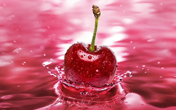 splashes, fruit, water, digital art, cherries (food), HD wallpaper
