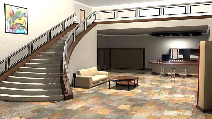 house interior 3D illustration, room, design, interior design, furniture, stairs, HD wallpaper