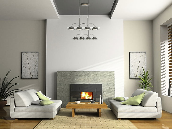 sofá cinza de 2 peças em tecido, interior, design de interiores, HD papel de parede