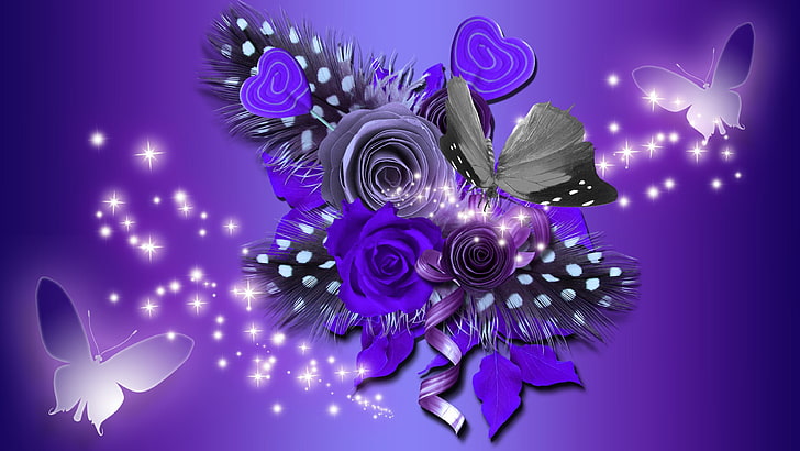 purple, butterfly, shine, glow, art, graphics, flower, HD wallpaper