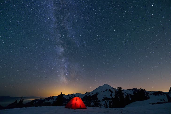 눈, 텐트, 은하수, 별, 밤, HD 배경 화면