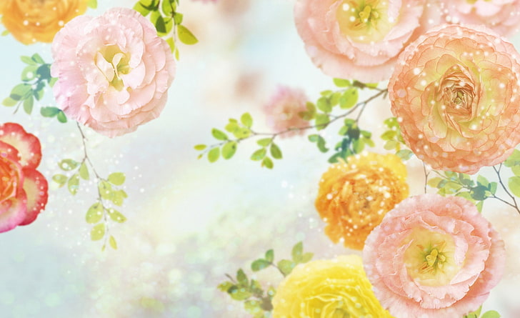 Wild Roses 2 ภาพประกอบดอกไม้ ranunculus สีส้มสีเหลืองและสีชมพู, ธรรมชาติ, ดอกไม้, กุหลาบ, ป่า, วอลล์เปเปอร์ HD
