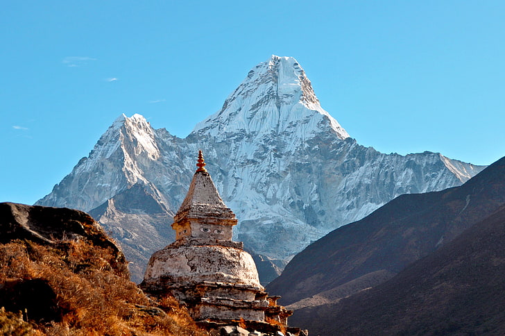 snow covered mountain, himalayas, ama dablam, temple, mountain, HD wallpaper