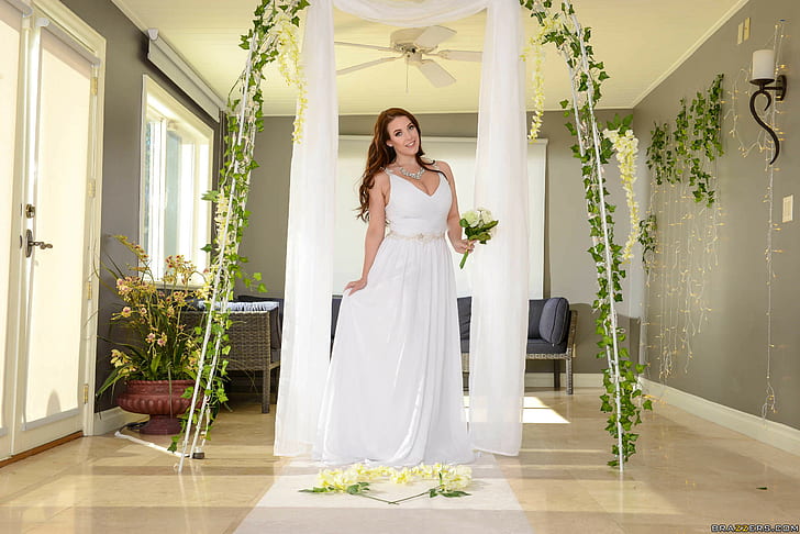 Angela White, women, wedding dress, smiling, model, HD wallpaper