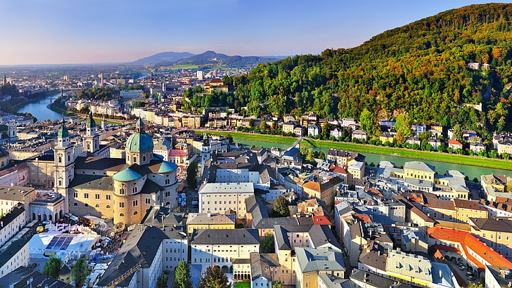 Austria, Salzburgo, Europa, cielo, montaña, panorama, paisaje urbano, Fondo de pantalla HD