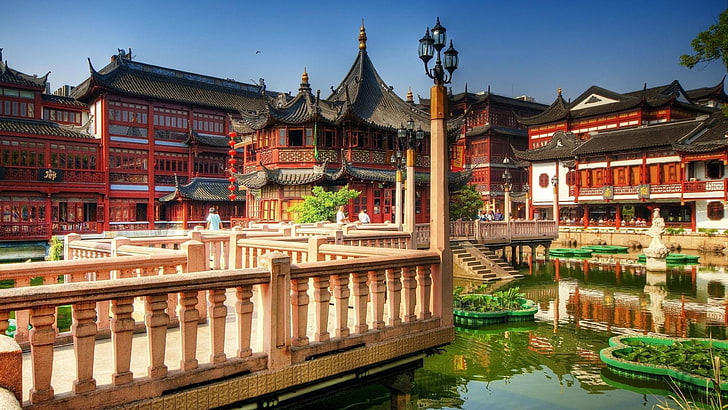 tea palace, shanghai, china, asia, pond, yuyuan garden, garden, peace, heritage, building, architecture, city god temple, HD wallpaper