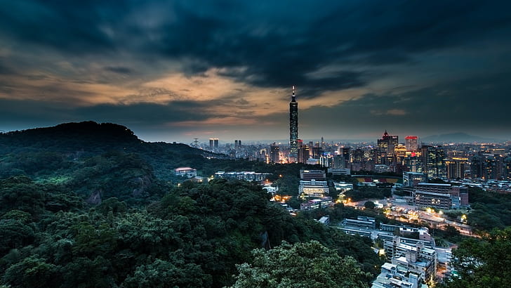 архитектура, здание, городской пейзаж, облака, вечер, холм, огни, длительная выдержка, небоскреб, улица, закат, Тайбэй, Тайбэй 101, Тайвань, деревья, HD обои