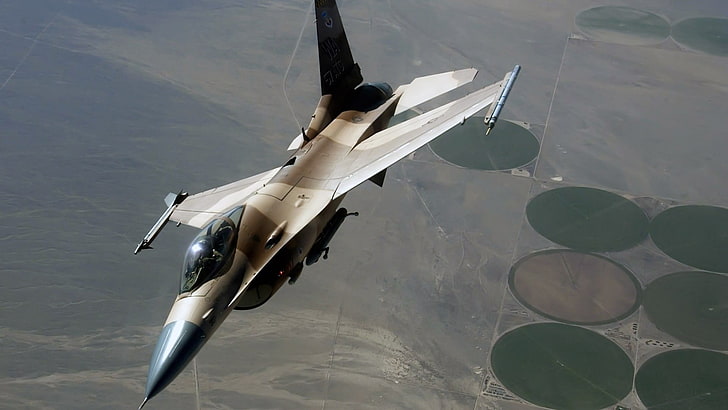 طائرة مقاتلة بنية وسوداء ، طائرة عسكرية ، طائرة ، طائرات ، جنرال ديناميكس F-16 Fighting Falcon ، سلاح الجو الأمريكي ، عسكري، خلفية HD