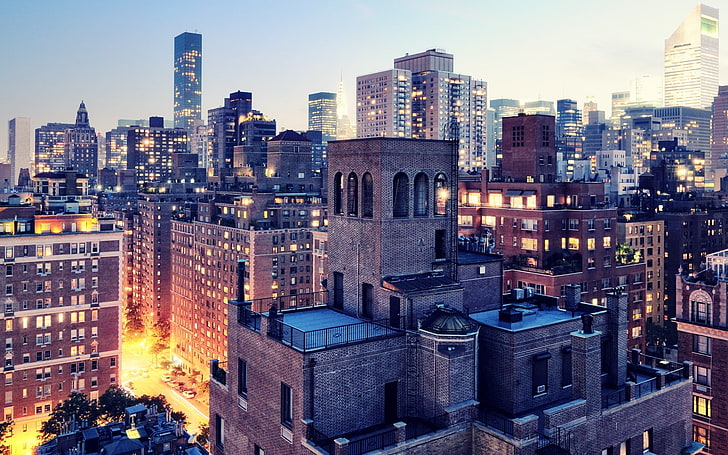 коричневое высотное здание, широкоугольное фото серого бетонного высотного здания, фотография, город, город, здание, небоскреб, нью-йорк, городской пейзаж, огни, HDR, верхний восток, сша, цифровое искусство, HD обои