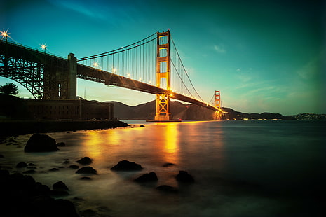 Мост Golden Gate Сан Франциско, Locomotion, Сан Франциско Калифорния, Golden Gate Bridge, Сан Франциско САЩ, Съединените американски щати, залез, известно място, САЩ, мост - изкуствена структура, архитектура, Калифорния, окачен мост, окръг Сан Франциско, море , градски пейзаж, градски Skyline, нощ, небе, HD тапет HD wallpaper