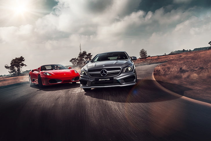 Mercedes-Benz, F430, Ferrari, Red, AMG, Grey, Supercars, Colors, CLA 45, Skid, Drifting, HD wallpaper