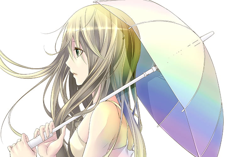 anime, anime dziewczyny, długie włosy, zielone oczy, parasol, białe tło, białe tło, Tapety HD