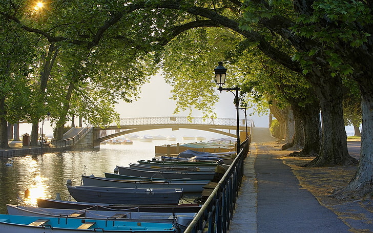 blue canoes, boats, mooring, row, channel, bridge, france, embankment, HD wallpaper