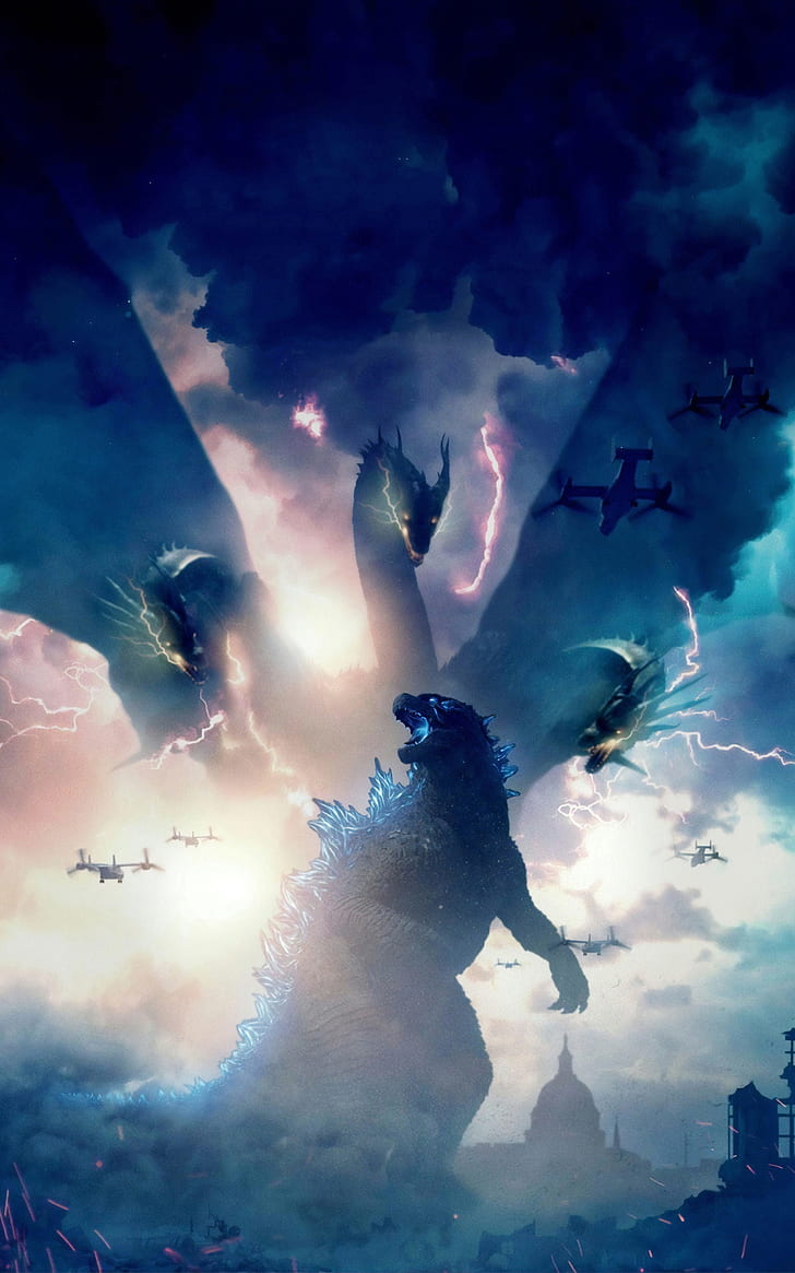 Godzilla, Godzilla: King of the Monsters, artwork, kaiju, King Ghidorah, film, Sfondo HD, sfondo telefono