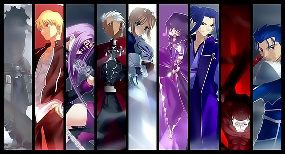 assorted-anime character collage, Fate Series, Fate/Stay Night, Archer (Fate/Stay Night), Assassin (Fate/stay night), Berserker (Fate/stay night), Caster (Fate/Stay Night), Gilgamesh (Fate Series), Lancer (Fate/Stay Night), Rider (Fate/stay night), Saber (Fate Series), HD wallpaper HD wallpaper