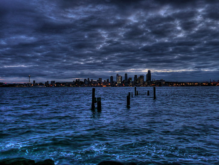 body of water during nighttime, puget sound, seattle, puget sound, seattle, Puget Sound, Alki Beach, body of water, nighttime, seattle  washington, alki  beach, puget  sound, inlet, harbor, water  night, skyline, city, morning, clouds, pacific, hdr, land, scape, landscape, cityscape, sea, HD wallpaper