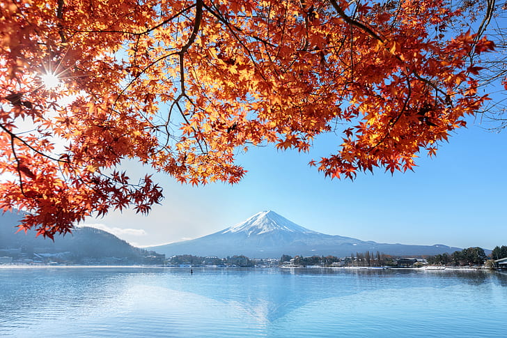 höst, himlen, löv, färgglada, Japan, röd, lönn, montera Fuji, landskap, Fuji Mountain, HD tapet