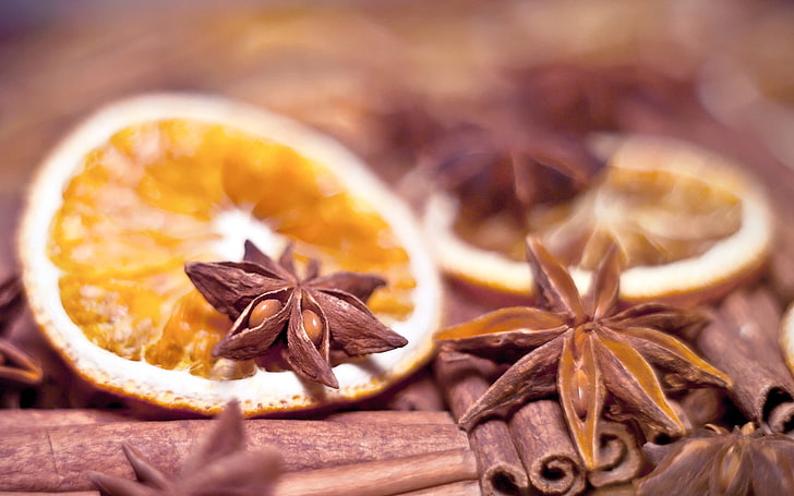 adas bintang, batang kayu manis, dan irisan jeruk, oranye, kayu manis, harum, Wallpaper HD
