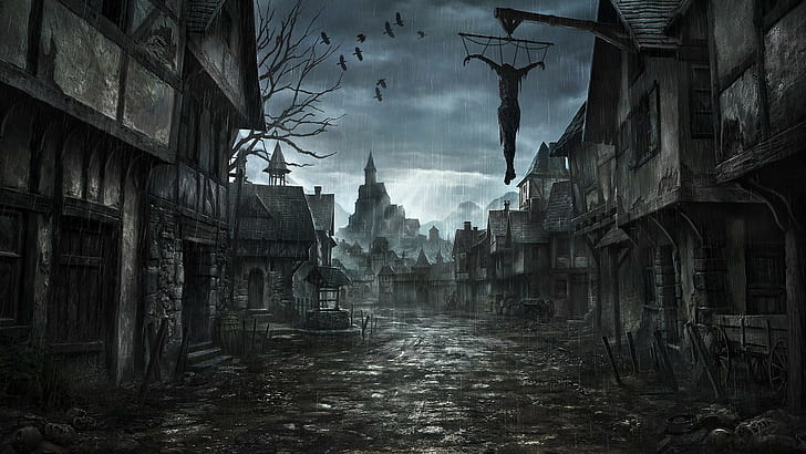 horror, fantasy art, fantasy city, dark fantasy, dark, rain, HD wallpaper