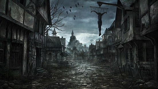 horror, fantasy art, fantasy city, dark fantasy, dark, rain, Sfondo HD HD wallpaper