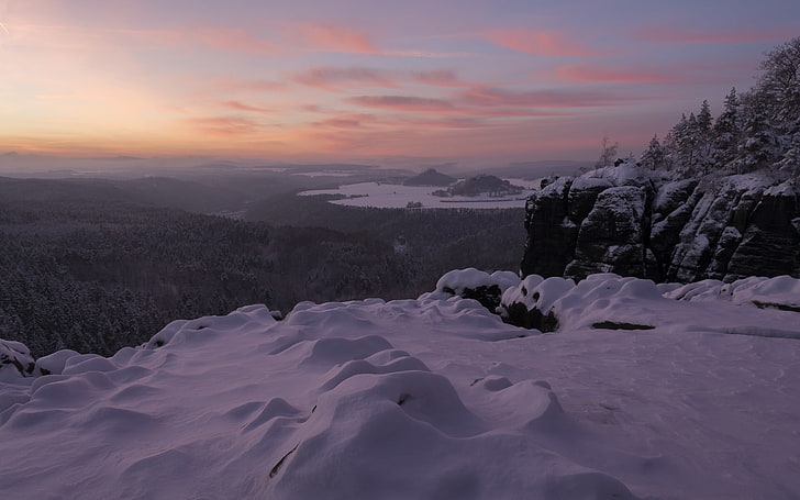 winter, snow, mountains, Germany, panorama, Saxony, Saxon Switzerland, Width Of The Gap, Elbe Sandstone Mountains, HD wallpaper