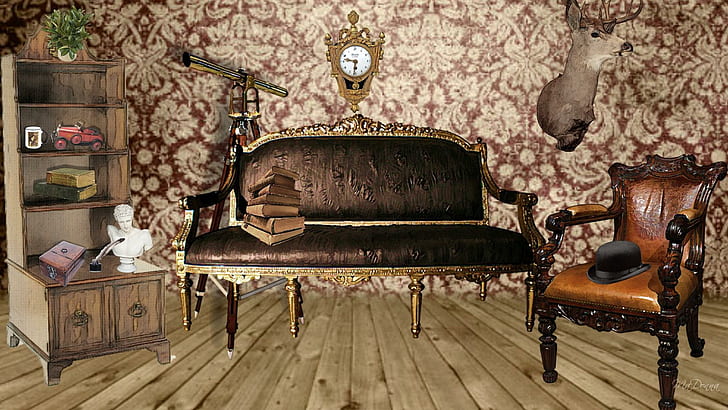 Sala de estar, futón acolchado marrón con marco de latón, sala vintage, renacimiento, libros, invitar, piso, cabeza de ciervo, sofá, telescopio, casa, silla, Fondo de pantalla HD