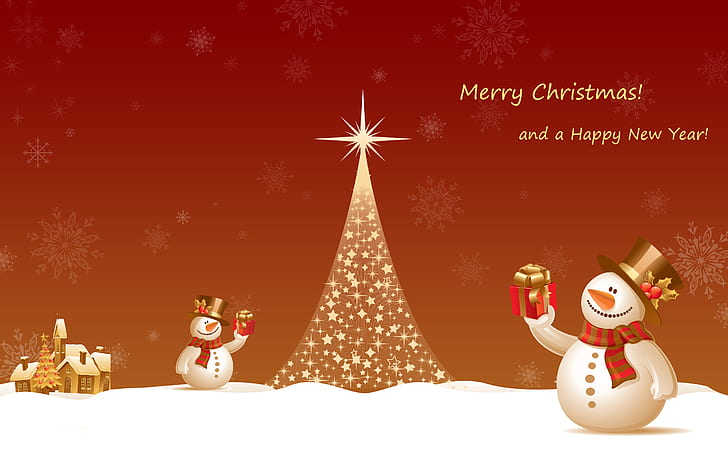 Christmas tree, Merry Christmas, Happy New Year, Snowman, Presents, HD wallpaper