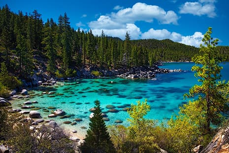 paisagem, natureza, lago, pedras, EUA, floresta, Banco, Tahoe, Lake Tahoe, HD papel de parede HD wallpaper