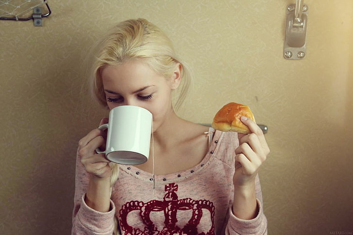 morning, blonde, women, cup, HD wallpaper
