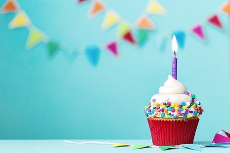 candle, colorful, cream, Happy Birthday, cupcake, decoration, Birthday, holiday celebration, HD wallpaper HD wallpaper