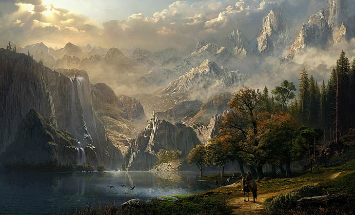خيال ، منظر طبيعي ، مغامرة ، قلعة ، حصان ، بحيرة ، جبل، خلفية HD
