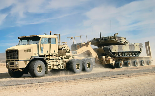 brun armé tank, väg, himlen, lastbil, tank, movers, Trak, Oshkosh, HET, M1070A1, HD tapet HD wallpaper