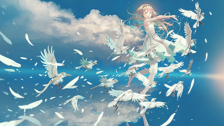 anime kız, cyborg kuşlar, bulutların ötesinde, tüyler, elbise, Anime, HD masaüstü duvar kağıdı