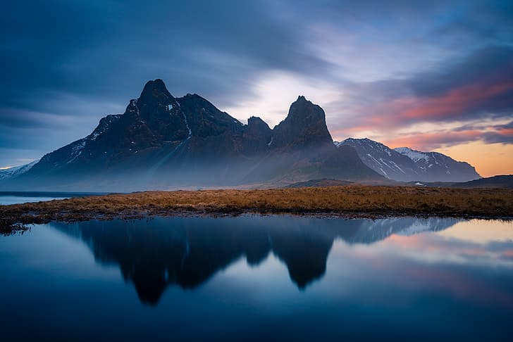 湖、反射、山、アイスランド、Eystrahorn、 HDデスクトップの壁紙