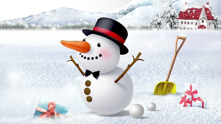 Spaß, ein Schneemann zu sein, Geschenke, Kirche, Berge, ze, Kälte, glücklich, Schneemann, Bäume, Haus, Haus, warme Schneebälle, Frost, HD-Hintergrundbild