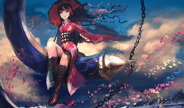 fate grand order, oda nobunaga, kimono, long hair, petals, Anime, HD wallpaper
