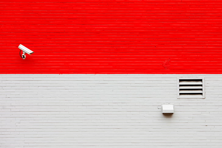 red and white building with white surveillance camera, Banksy, Him, white building, surveillance camera, Chicago, Chicagoland, Cook County  Illinois, USA, United States of America, Windy City, security camera, camera  surveillance, save, delete, red, HD wallpaper