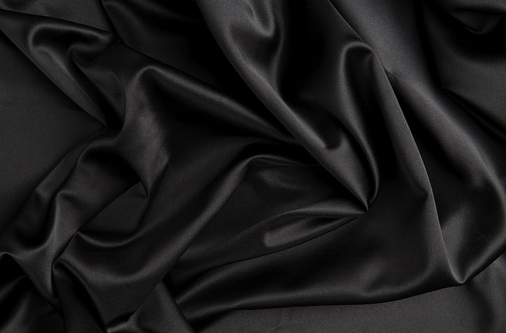 czarna satynowa tkanina, tekstura, jedwab, czarny, tkanina, fałdy, satyna, Tapety HD