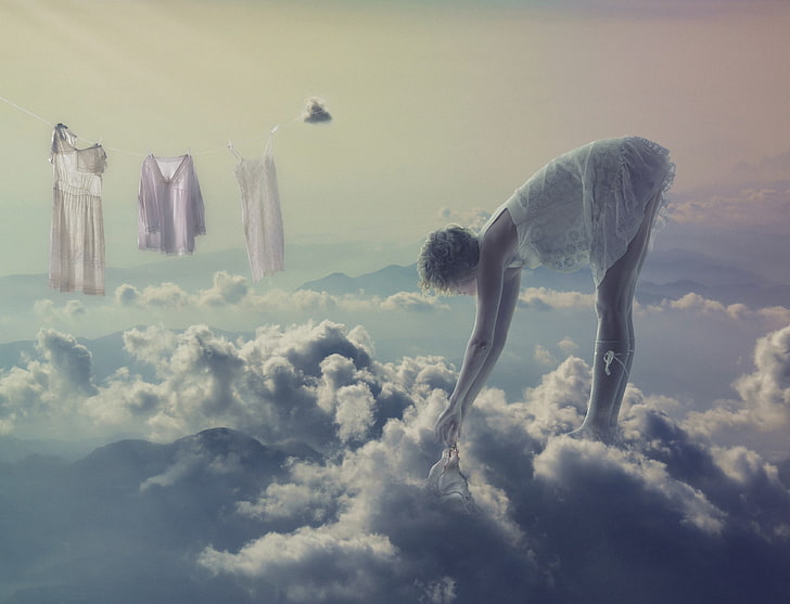 women, fantasy girl, bent over, clouds, sky, model, HD wallpaper