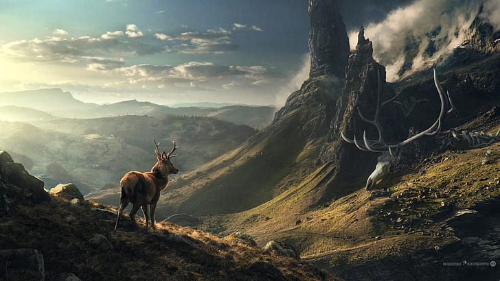 sky, deer, mountains, Desktopography, HD wallpaper