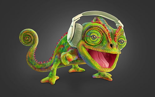 Kameleon, fantasy, luminos, zielony, słuchawki, rhenan fidelis, różowy, Tapety HD HD wallpaper