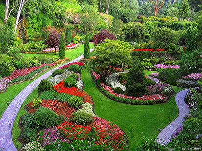 Flower Garden Path, trees, path, garden, flowers, nature and landscapes, HD wallpaper HD wallpaper