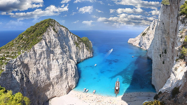 Греция, Европа, побережье, Родос, пляж, удивительно, небо, утес, скала, берег, побережье, море, лето, праздник, HD обои