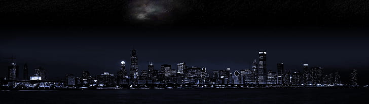 ночной город, двойной монитор, темный фон, HD обои