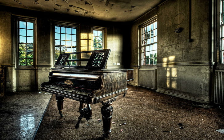 Opuszczony fortepian, okna, instrument, zepsuty, pokój, Tapety HD